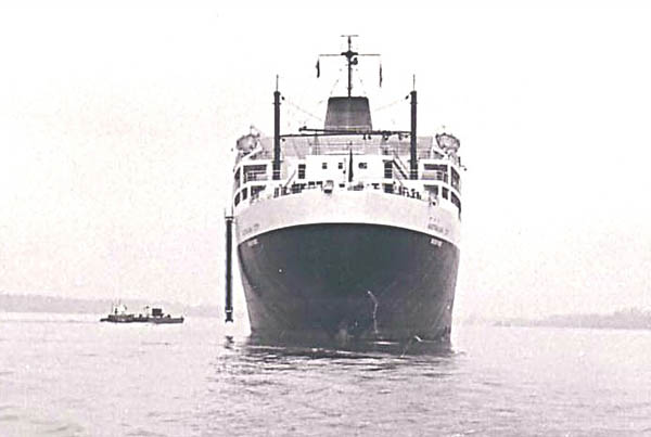 Stern view of vessel at anchor