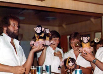 Officers in the bar with toy monkeys