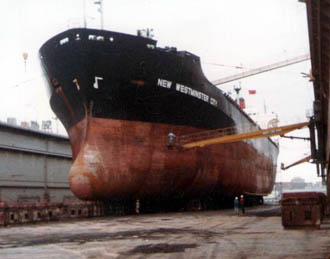 View of ship in drydock