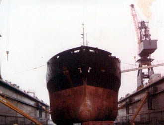 Bow view of ship in drydock