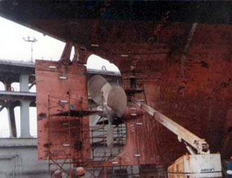 View of propeller and rudder in drydock