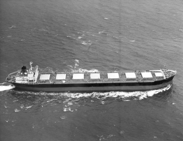 Overhead view of ship on sea trials
