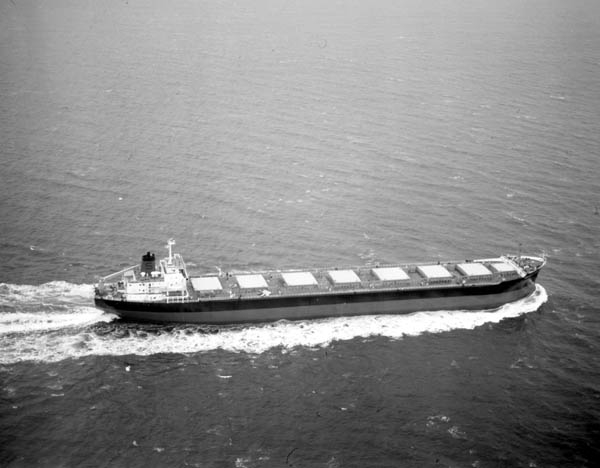 Overhead view of ship on sea trials
