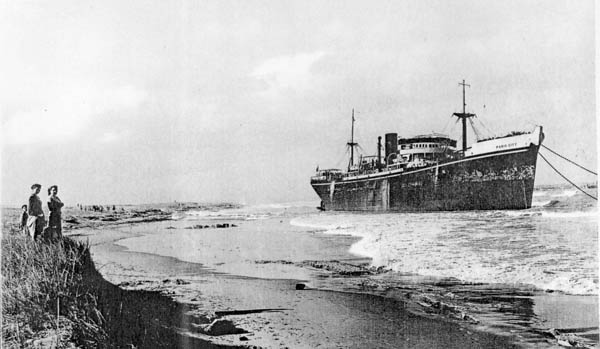 Spectators looking at the grounded ship