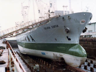 View of Silvia Sophia in drydock