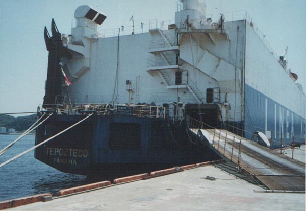 Stern view of vessel alongside
