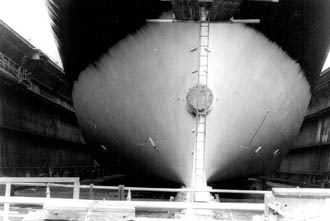 View of stern in drydock with propellor and rudder removed.