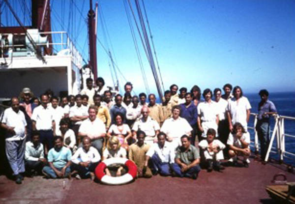 Crew and officers on deck at anchor in Capetown